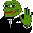 the frog is wearing a tuxedo and waving .