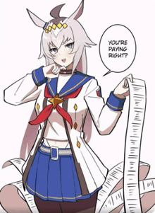 a cartoon of a girl in a sailor uniform holding a long piece of paper .