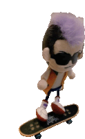 a stuffed toy with a mohawk riding a skateboard