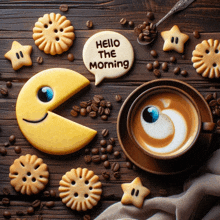 a cookie that says hello the morning is surrounded by cookies and coffee beans