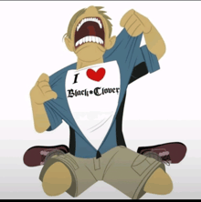 a cartoon of a man wearing a shirt that says " i heart black clover "
