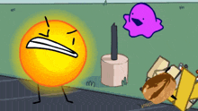 a cartoon drawing of a purple ghost a candle and a peanut