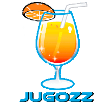 a glass of orange juice with a straw and the word jugozz on the bottom right