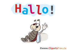 a cartoon bug is waving in front of a banner that says hallo