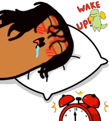 a cartoon of a person laying on a pillow with the words wake up above them