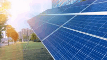 a row of solar panels are sitting on top of a lush green field in front of a building .