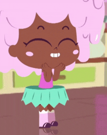 a cartoon girl with pink hair is smiling