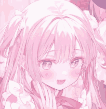 a close up of a pink anime girl with pigtails and blue eyes