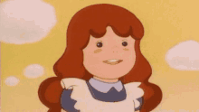 a cartoon girl with red hair and an apron smiles