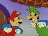 mario and luigi are standing next to each other and looking at each other