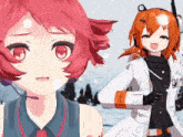 two anime girls are standing next to each other with one wearing a white coat that says ' 00 ' on it