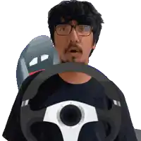 a man with glasses is holding a steering wheel in front of his face