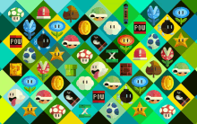 a pattern of super mario icons on a green background