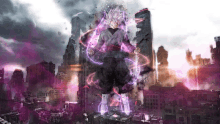 a cartoon character with a purple aura stands in front of a destroyed city