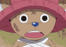 a close up of a cartoon character with a pink hat and blue nose