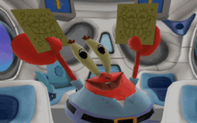 a cartoon character holding two cards with spongebob and mr krabs on them