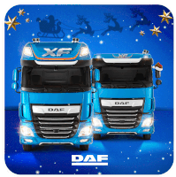 two blue daf trucks with santa hats on