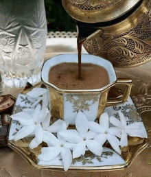 a cup of coffee is sitting on a saucer with white flowers .