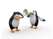 a couple of penguins standing next to each other one holding a megaphone