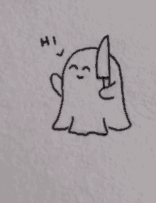 a black and white drawing of a ghost holding a knife and saying hi .