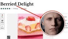 a picture of a man 's face next to a strawberry pie