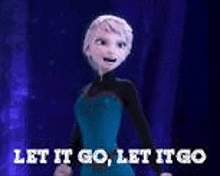 elsa from frozen is standing in front of a blue curtain and saying let it go .