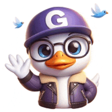 a cartoon duck wearing glasses and a hat with the letter g on it