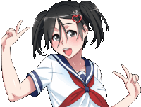 a girl with two pigtails and a heart in her hair giving a peace sign