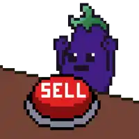 a pixel art illustration of a purple eggplant next to a red sell button