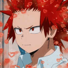 a close up of a red haired anime character with hearts surrounding him