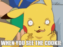 a pikachu with its tongue out and the words when you see the cookie