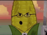 a cartoon corn on the cob wearing glasses and a name tag .
