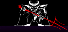 a pixel art of a monster with horns holding a red spear .