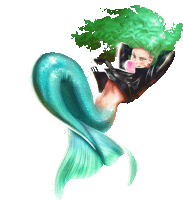 a green haired mermaid blowing a pink bubble