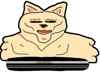 a drawing of a cat with a pink ear and a black stripe on the bottom