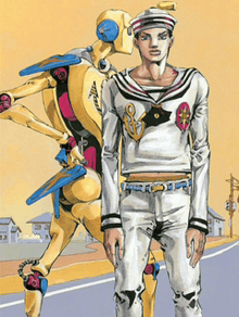 a cartoon of a man standing next to a yellow robot