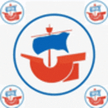 a red , white and blue ship with a blue sail is in a circle .