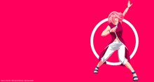 a girl with pink hair is standing in a circle