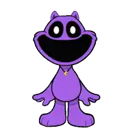 a purple cartoon character with a yellow c necklace around his neck