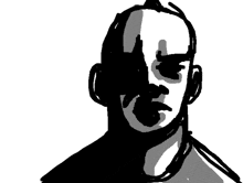 a black and white drawing of a man 's face with a bald head