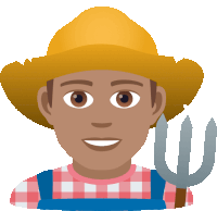 a man wearing a hat and overalls is holding a fork