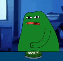 a green frog is pressing a green button that says buy