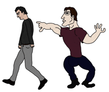 a cartoon of a man walking and another man pointing