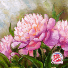 a painting of pink flowers with a calm art logo