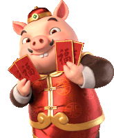 a cartoon pig is holding red envelopes with chinese characters