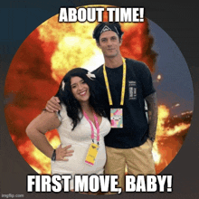 a man and a woman are posing for a picture with the caption about time