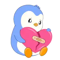 a cartoon penguin is holding a broken heart with a bandage on it