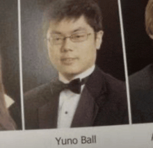 a picture of a man in a tuxedo and bow tie named yuno ball