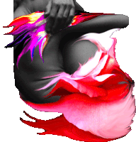 a black and white painting of a woman 's torso with red and pink feathers