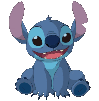 a cartoon character called stitch is smiling and sitting down